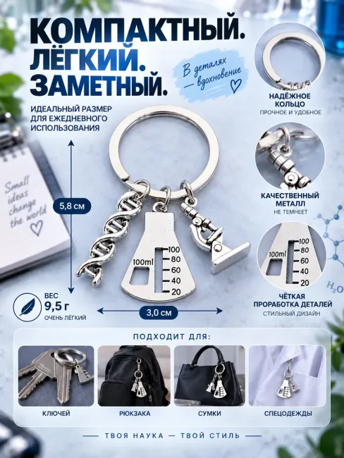 Брелок для химика, на ключи с ДНК и колбой, студенту