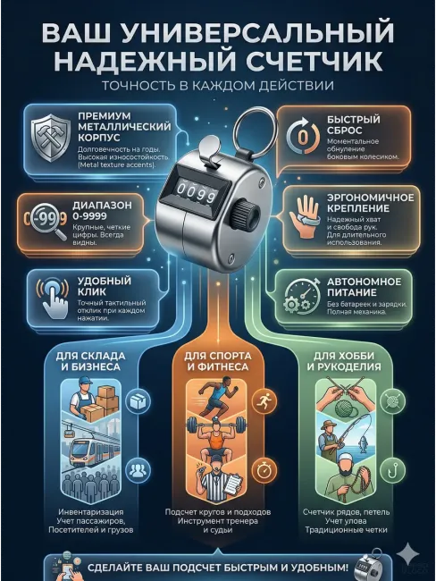 Счетчик кликер ручной механический металлический 0-9999
