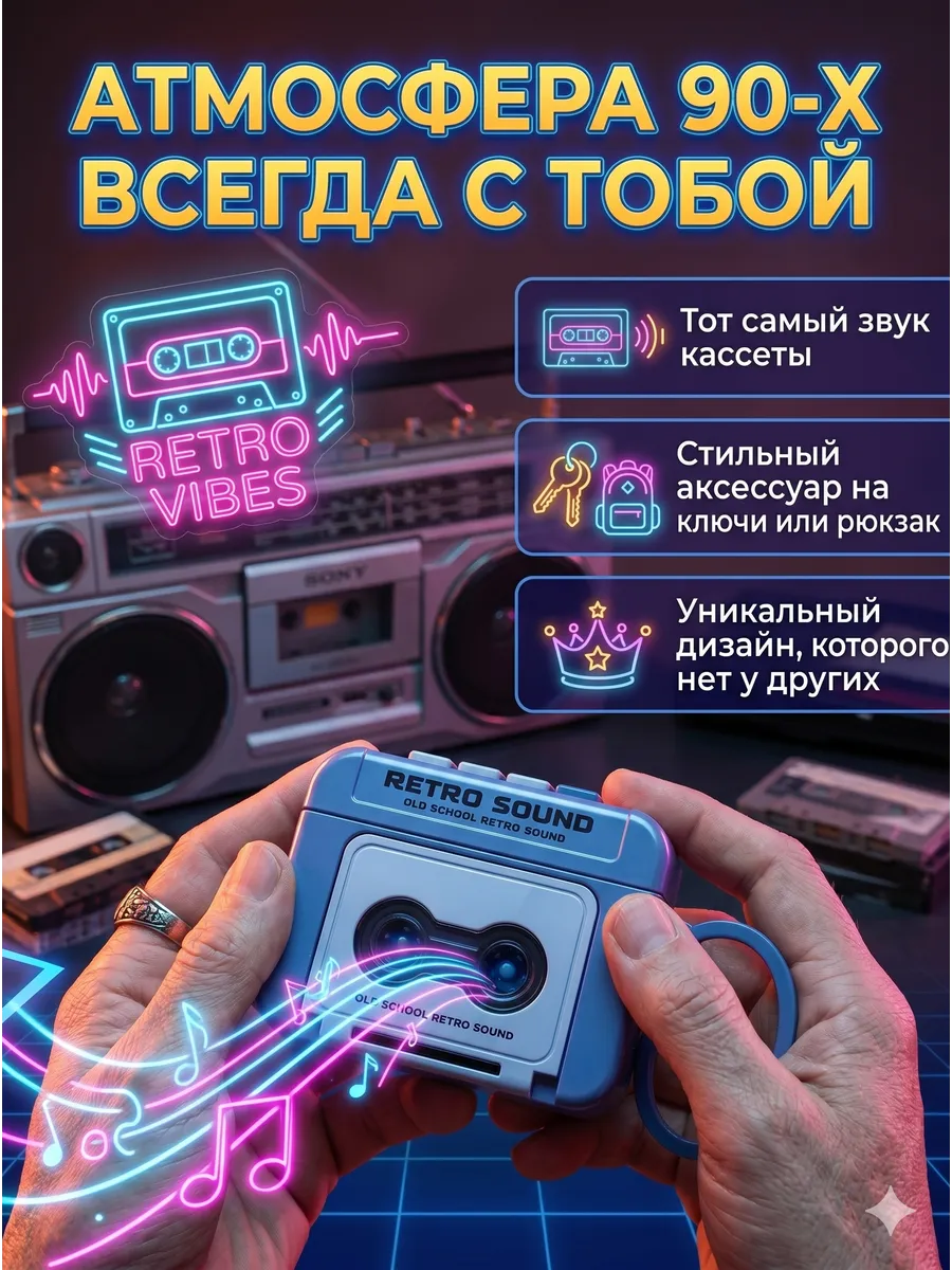 Брелок музыкальный Ретро-Кассета: Диктофон и Антистресс